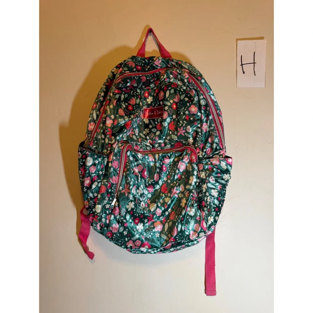 Madison & Dakota Backpack Floral Velvet School Bag Green Pink OS